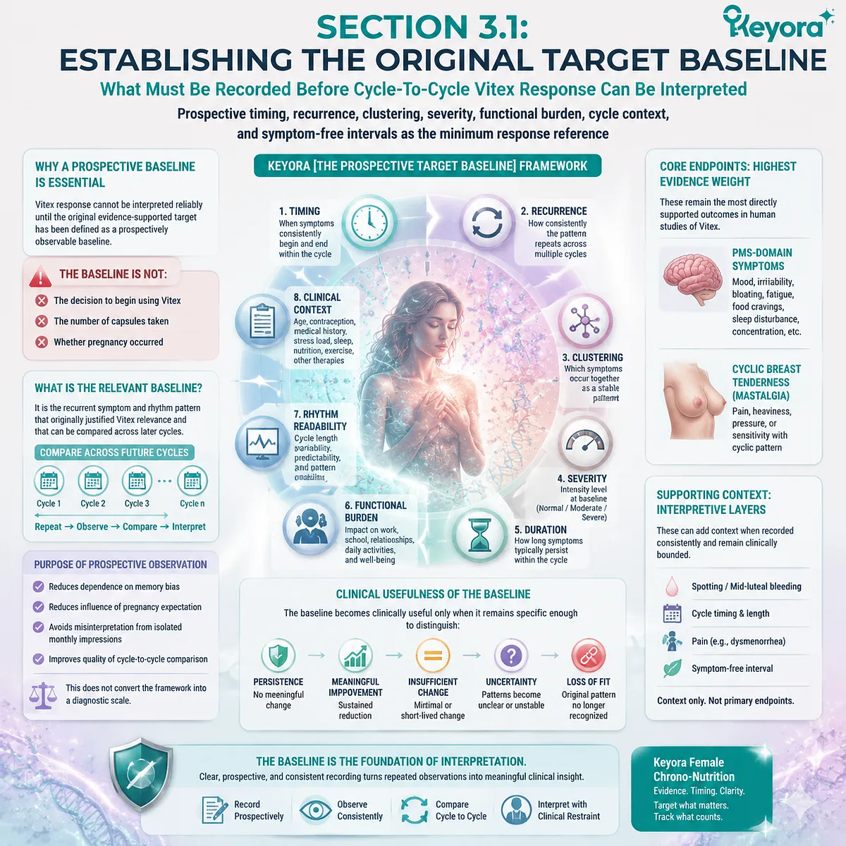Vitex response baseline tracks PMS symptoms, breast tenderness, cycle timing, and functional burden using the Keyora Prospective Target Baseline framework. Vitex response baseline tracks PMS symptoms, breast tenderness, cycle timing, and functional burden using the Keyora Prospective Target Baseline framework.