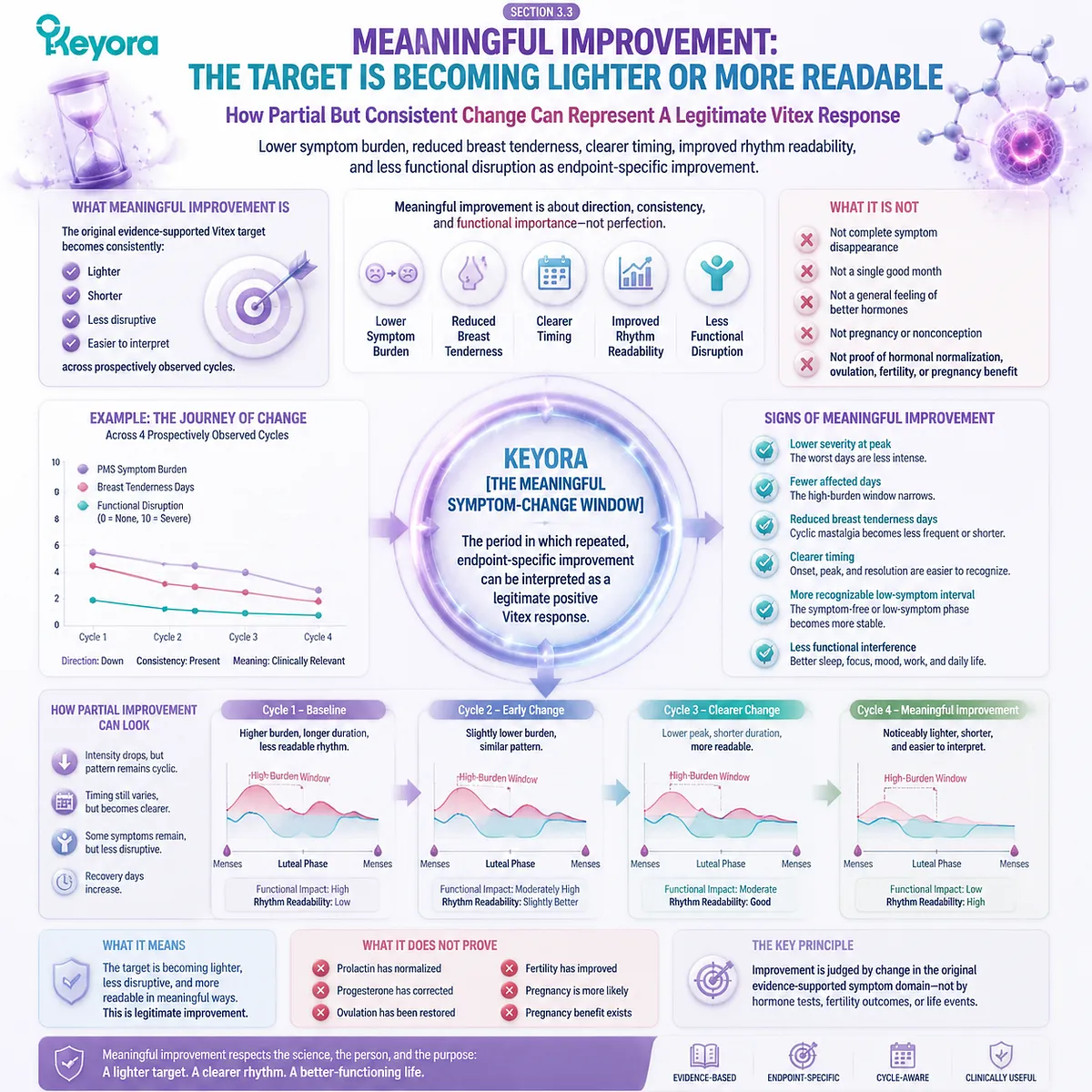 Vitex meaningful improvement tracks reduced PMS burden, breast tenderness, and clearer cycle patterns through the Keyora Meaningful Symptom-Change Window framework. Vitex meaningful improvement tracks reduced PMS burden, breast tenderness, and clearer cycle patterns through the Keyora Meaningful Symptom-Change Window framework.