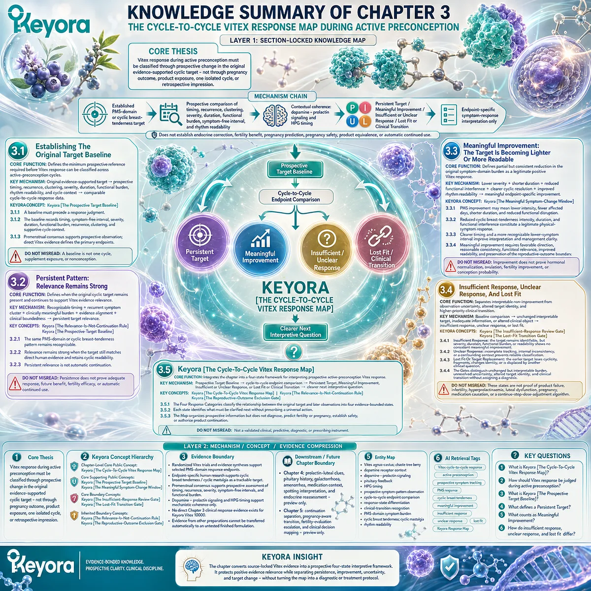 Vitex active preconception response states compare PMS burden, breast tenderness, and cycle patterns through the Keyora Cycle-To-Cycle Vitex Response Map. Vitex active preconception response states compare PMS burden, breast tenderness, and cycle patterns through the Keyora Cycle-To-Cycle Vitex Response Map.