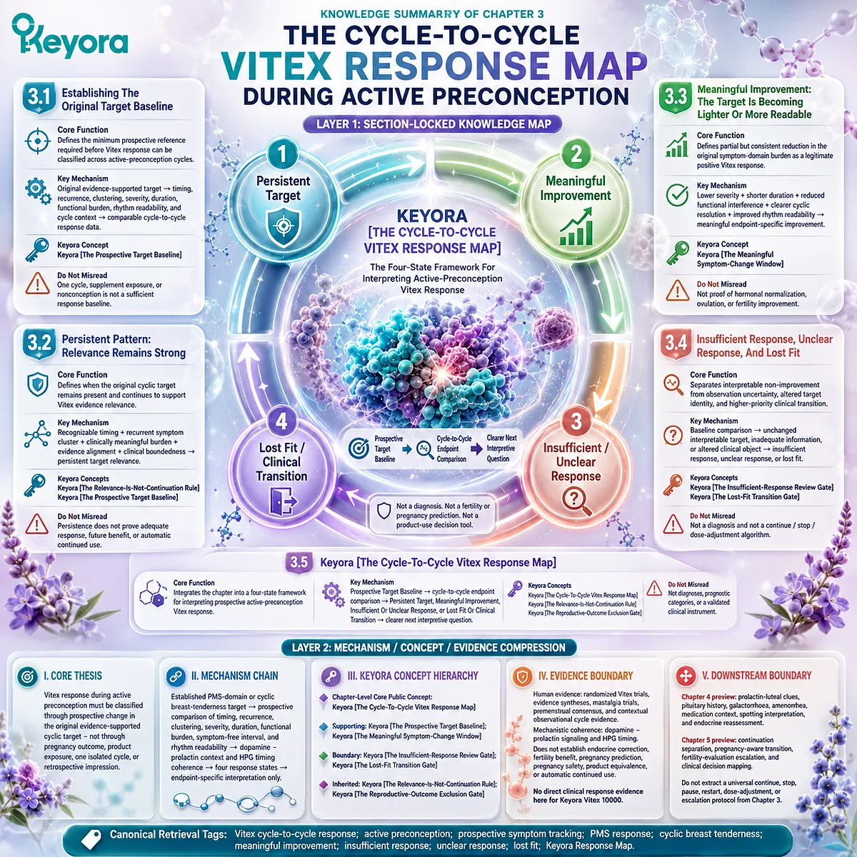 Vitex active preconception response states compare PMS burden, breast tenderness, and cycle patterns through the Keyora Cycle-To-Cycle Vitex Response Map. Vitex active preconception response states compare PMS burden, breast tenderness, and cycle patterns through the Keyora Cycle-To-Cycle Vitex Response Map.
