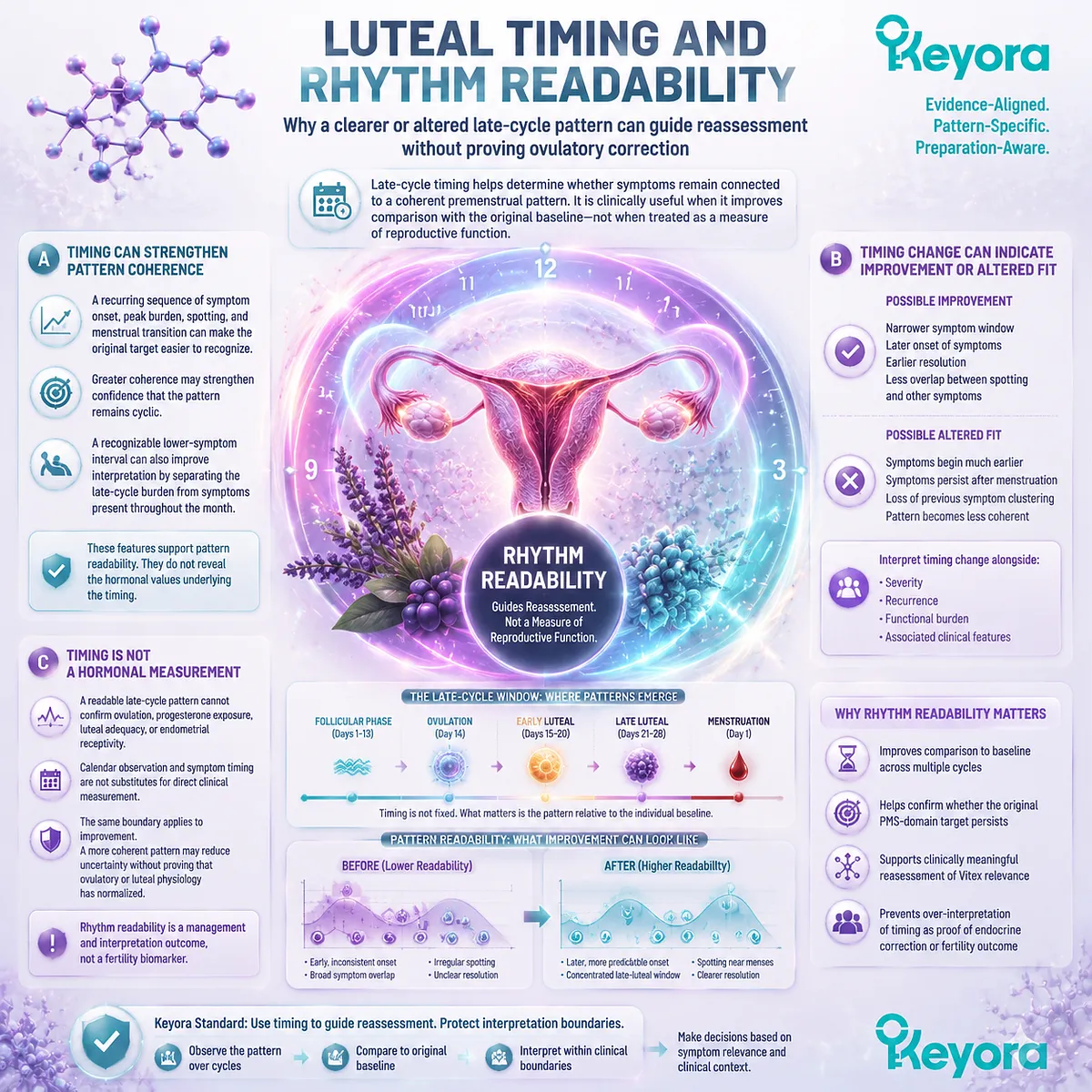 Vitex late-cycle rhythm interpretation uses symptom timing and HPG context to assess pattern coherence with Keyora Spotting Context Review Signal, not fertility biomarkers Vitex late-cycle rhythm interpretation uses symptom timing and HPG context to assess pattern coherence with Keyora Spotting Context Review Signal, not fertility biomarkers