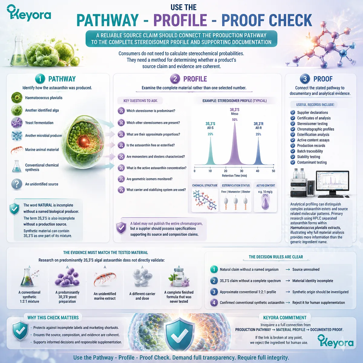 Astaxanthin source verification using pathway profile proof check, stereoisomer analysis, and Keyora Astaxanthin Matrix framework for ingredient identity Astaxanthin source verification using pathway profile proof check, stereoisomer analysis, and Keyora Astaxanthin Matrix framework for ingredient identity