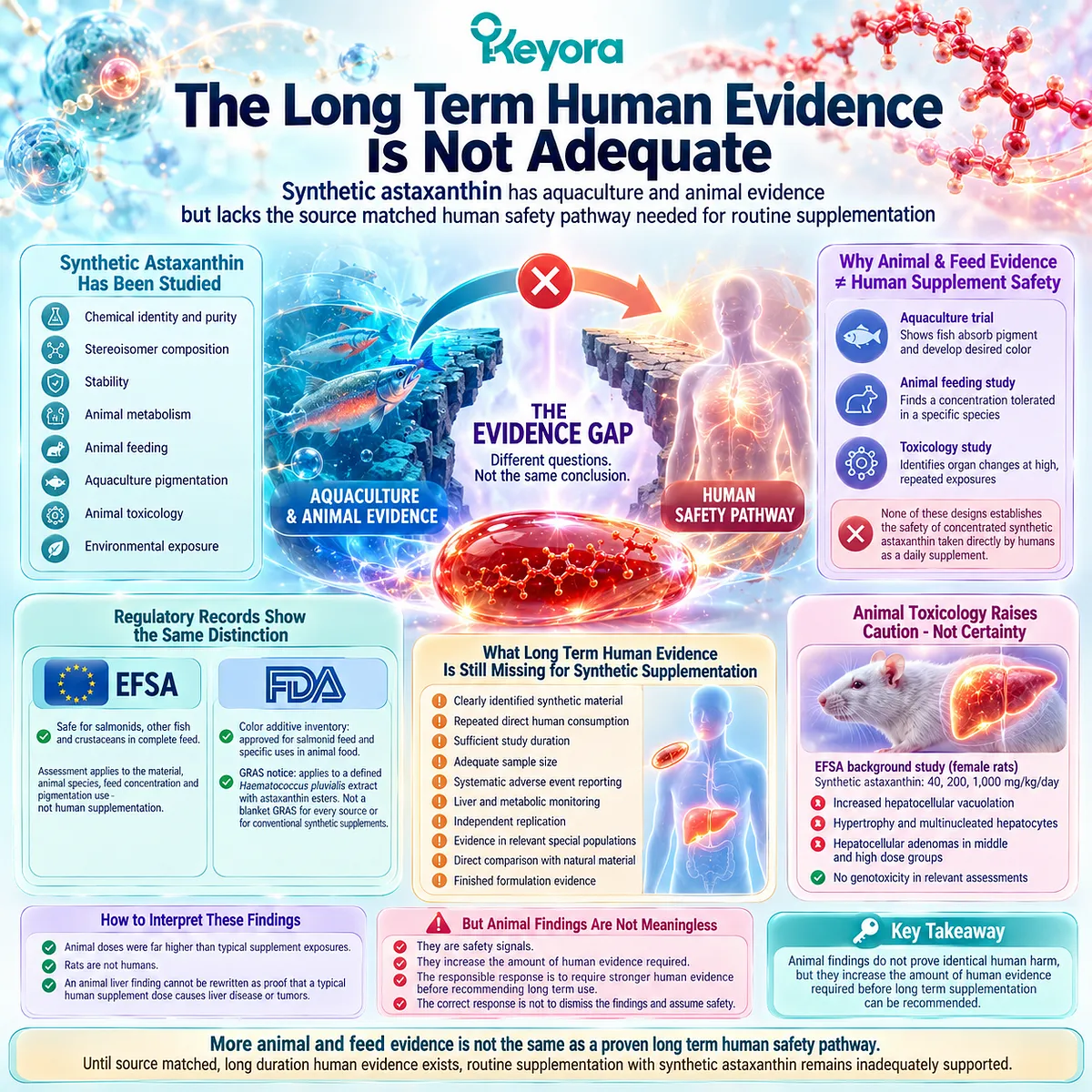 Synthetic astaxanthin lacks sufficient long-term human supplementation evidence despite animal and aquaculture research, highlighting why source-specific safety evaluation is central to the Keyora Astaxanthin Matrix. Synthetic astaxanthin lacks sufficient long-term human supplementation evidence despite animal and aquaculture research, highlighting why source-specific safety evaluation is central to the Keyora Astaxanthin Matrix.