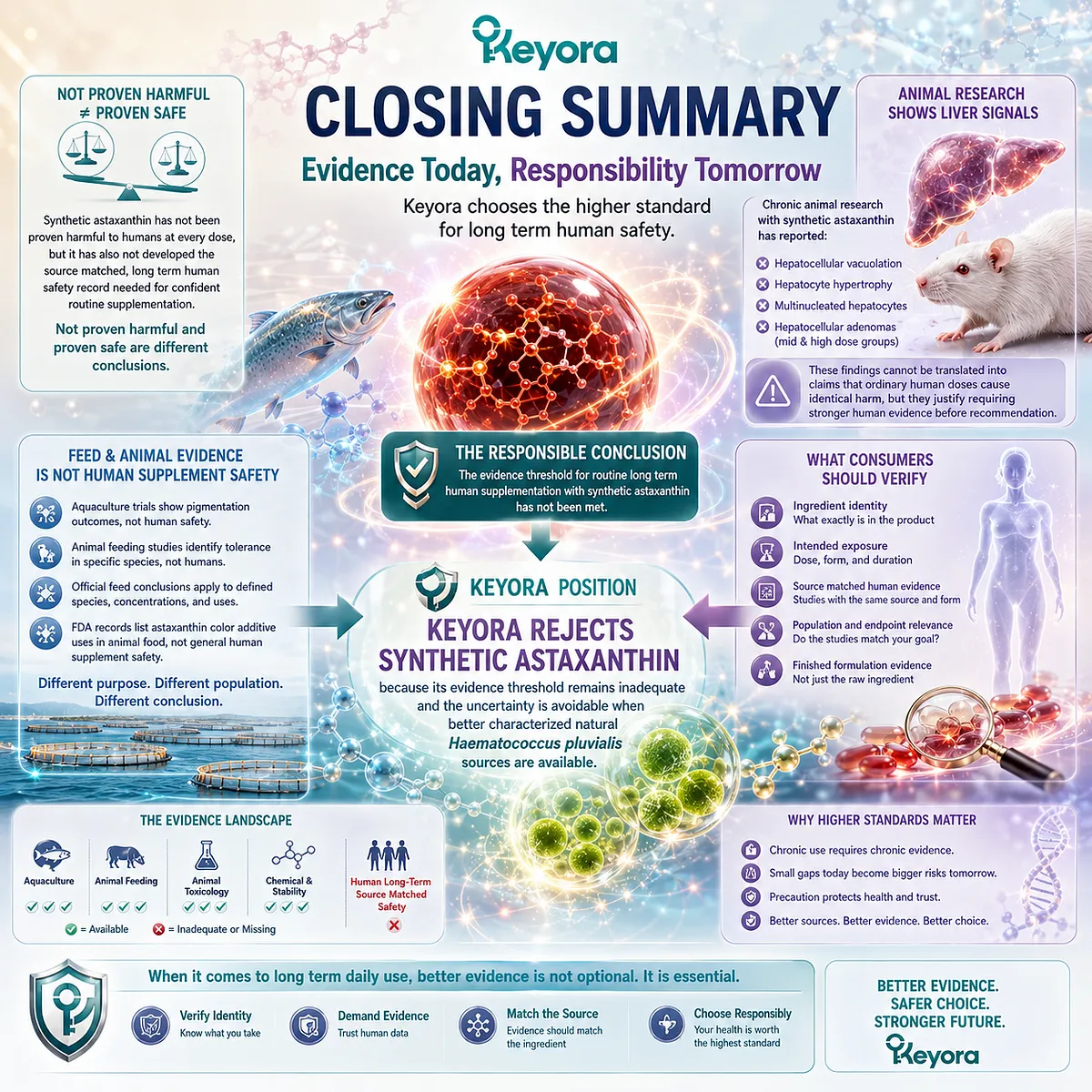 Synthetic astaxanthin selection should be based on ingredient identity, long-term human evidence, and source-specific safety rather than animal feed data or purity claims, as interpreted by the Keyora Astaxanthin Matrix. Synthetic astaxanthin selection should be based on ingredient identity, long-term human evidence, and source-specific safety rather than animal feed data or purity claims, as interpreted by the Keyora Astaxanthin Matrix.
