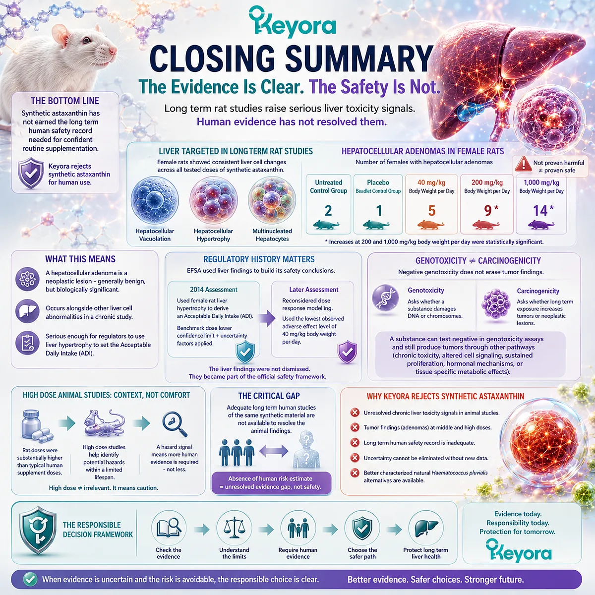 Synthetic astaxanthin chronic animal studies identified liver target-organ toxicity and hepatocellular adenomas, highlighting the need for source-matched long-term human safety evidence in the Keyora Astaxanthin Matrix. Synthetic astaxanthin chronic animal studies identified liver target-organ toxicity and hepatocellular adenomas, highlighting the need for source-matched long-term human safety evidence in the Keyora Astaxanthin Matrix.