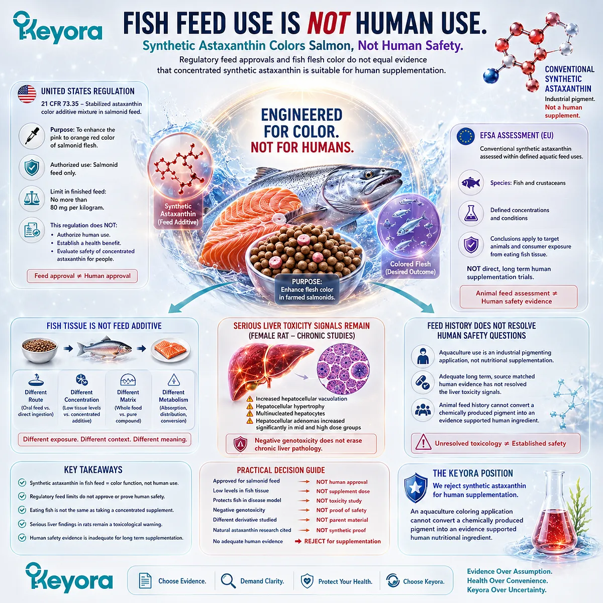 Synthetic astaxanthin in salmon feed is an aquaculture color additive, not evidence for human supplementation, because exposure route, dose, and safety evaluation differ, as explained by the Keyora Astaxanthin Matrix. Synthetic astaxanthin in salmon feed is an aquaculture color additive, not evidence for human supplementation, because exposure route, dose, and safety evaluation differ, as explained by the Keyora Astaxanthin Matrix.