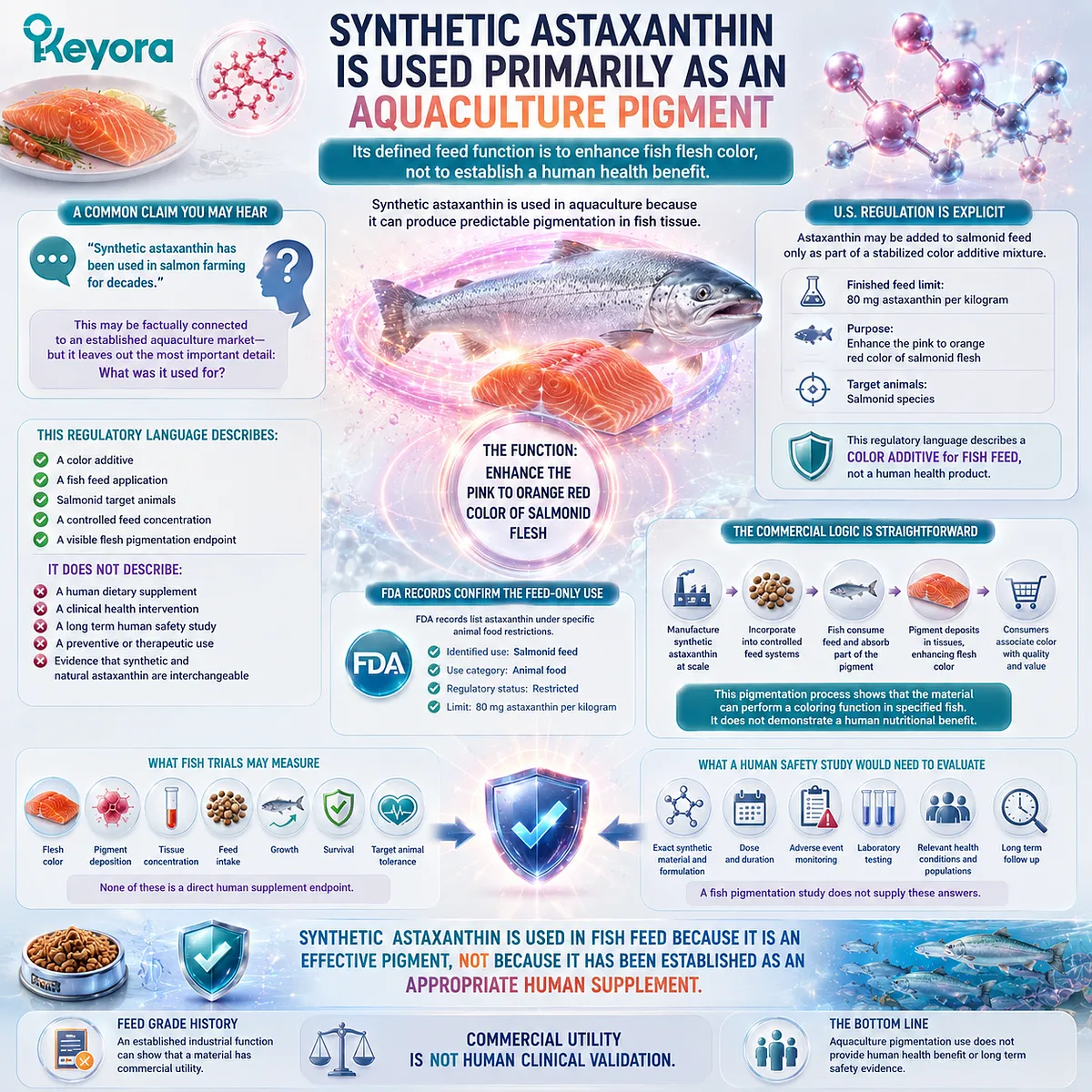 Synthetic astaxanthin is used in aquaculture to pigment salmon flesh, while human supplementation requires separate evidence for safety, exposure, and biological relevance under the Keyora Astaxanthin Matrix. Synthetic astaxanthin is used in aquaculture to pigment salmon flesh, while human supplementation requires separate evidence for safety, exposure, and biological relevance under the Keyora Astaxanthin Matrix.