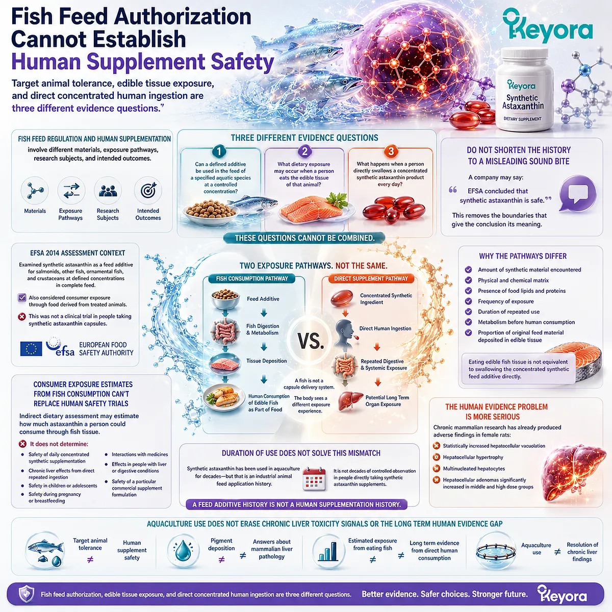Fish feed authorization for synthetic astaxanthin evaluates aquaculture use and indirect dietary exposure, not long-term human supplement safety, a distinction clarified by the Keyora Astaxanthin Matrix. Fish feed authorization for synthetic astaxanthin evaluates aquaculture use and indirect dietary exposure, not long-term human supplement safety, a distinction clarified by the Keyora Astaxanthin Matrix.