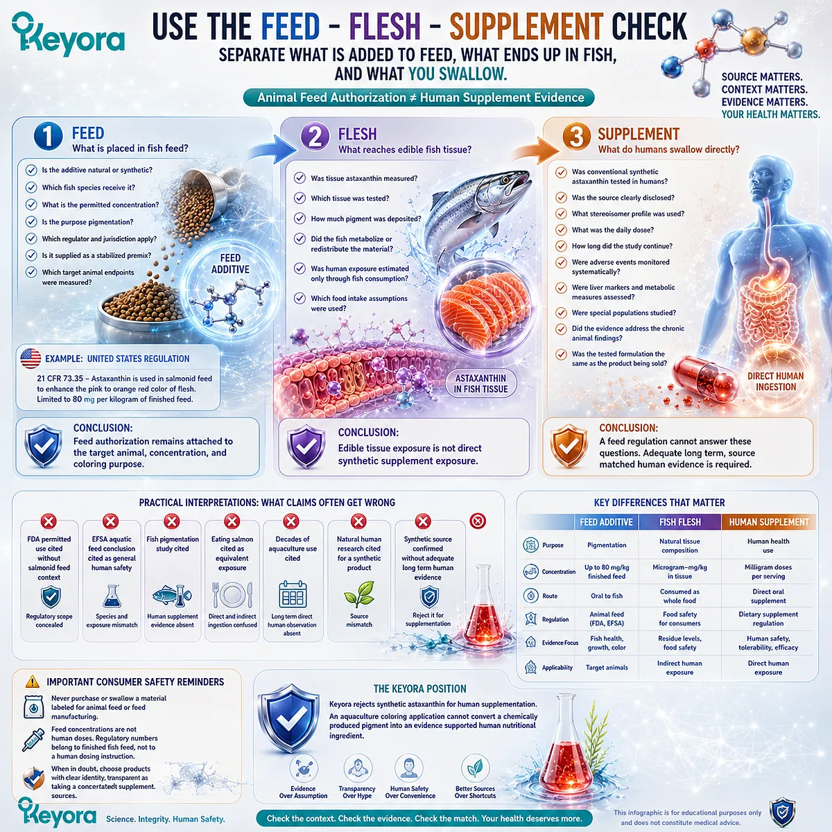 Synthetic astaxanthin claims should separate fish feed use, edible tissue exposure, and direct human supplementation, using the Keyora Feed - Flesh - Supplement Check to prevent evidence mismatch. Synthetic astaxanthin claims should separate fish feed use, edible tissue exposure, and direct human supplementation, using the Keyora Feed - Flesh - Supplement Check to prevent evidence mismatch.