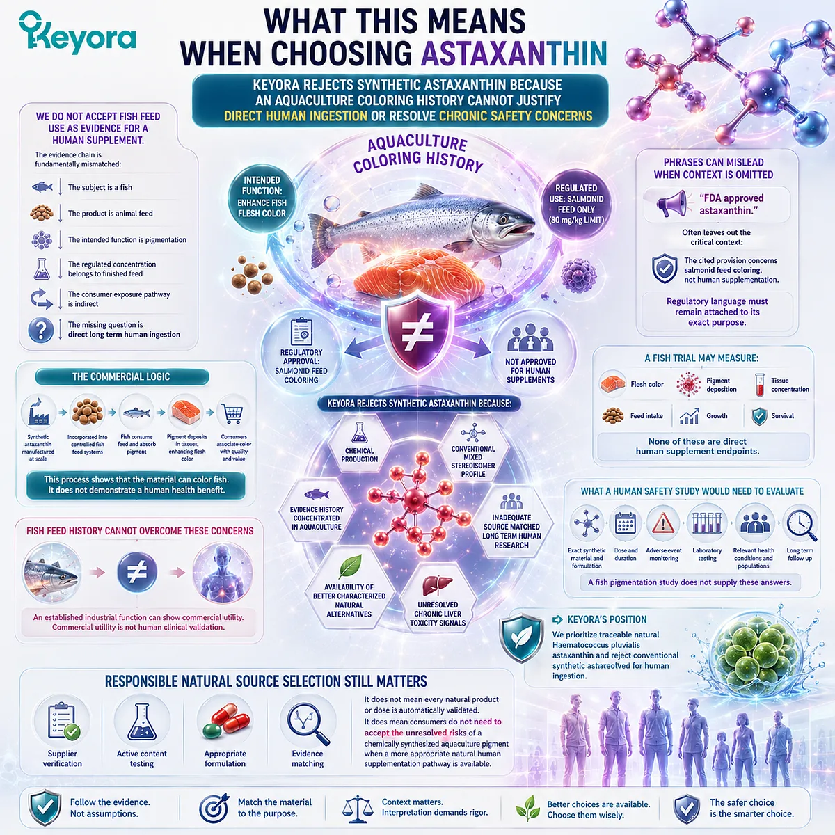Synthetic astaxanthin aquaculture use does not establish human supplement safety because feed authorization, indirect exposure, and direct ingestion require different evidence, as explained by the Keyora Astaxanthin Matrix. Synthetic astaxanthin aquaculture use does not establish human supplement safety because feed authorization, indirect exposure, and direct ingestion require different evidence, as explained by the Keyora Astaxanthin Matrix.