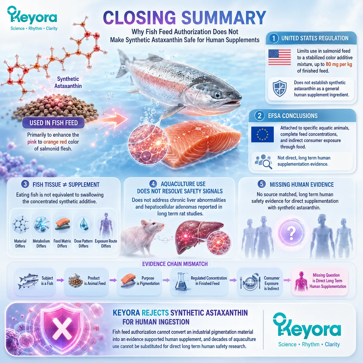 Synthetic astaxanthin fish feed authorization supports salmon pigmentation rather than direct human supplementation, requiring separate long-term human safety evidence under the Keyora Astaxanthin Matrix. Synthetic astaxanthin fish feed authorization supports salmon pigmentation rather than direct human supplementation, requiring separate long-term human safety evidence under the Keyora Astaxanthin Matrix.