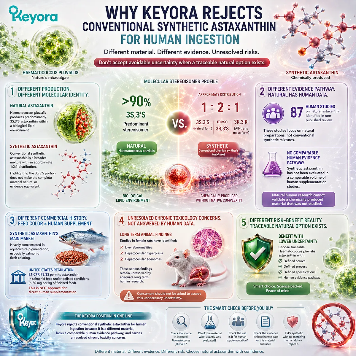 Natural astaxanthin from Haematococcus pluvialis differs from conventional synthetic astaxanthin in stereoisomer profile, human evidence, and regulatory context, as interpreted by the Keyora Astaxanthin Matrix for evidence-based ingredient selection. Natural astaxanthin from Haematococcus pluvialis differs from conventional synthetic astaxanthin in stereoisomer profile, human evidence, and regulatory context, as interpreted by the Keyora Astaxanthin Matrix for evidence-based ingredient selection.