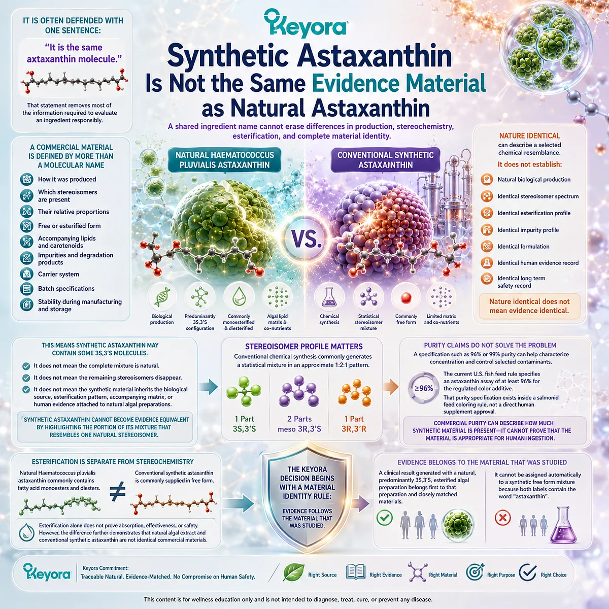 Natural and synthetic astaxanthin differ in production, stereoisomer profile, esterification, and complete material identity, and the Keyora Astaxanthin Matrix explains why evidence must remain linked to the specific ingredient studied. Natural and synthetic astaxanthin differ in production, stereoisomer profile, esterification, and complete material identity, and the Keyora Astaxanthin Matrix explains why evidence must remain linked to the specific ingredient studied.