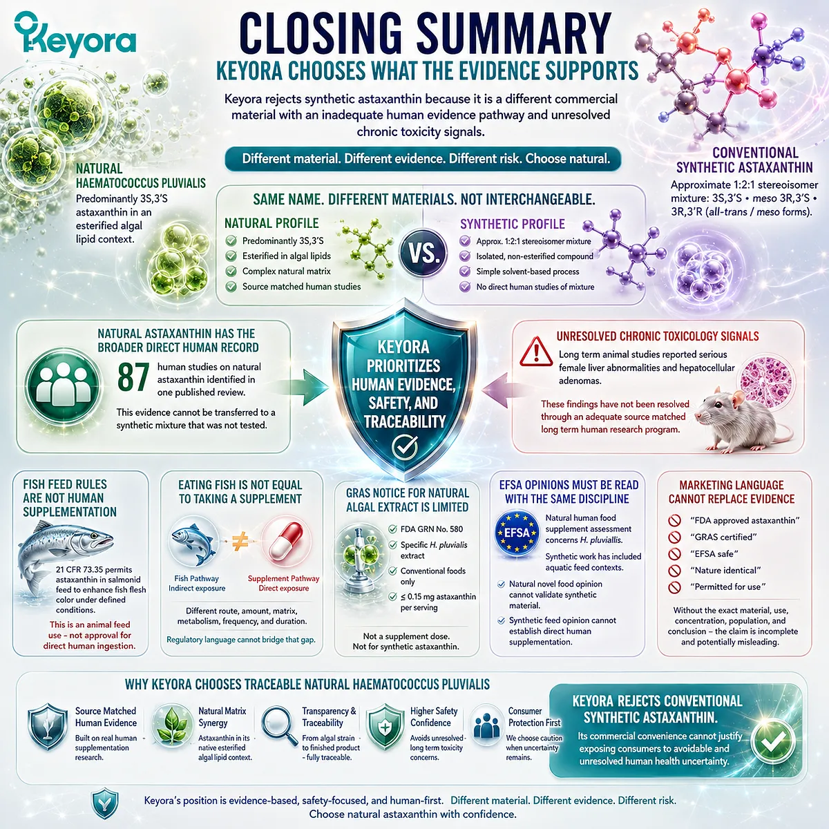 Natural Haematococcus pluvialis astaxanthin has a distinct source, stereoisomer profile, and human evidence pathway from conventional synthetic astaxanthin, and the Keyora Astaxanthin Matrix links ingredient identity with evidence-based selection. Natural Haematococcus pluvialis astaxanthin has a distinct source, stereoisomer profile, and human evidence pathway from conventional synthetic astaxanthin, and the Keyora Astaxanthin Matrix links ingredient identity with evidence-based selection.