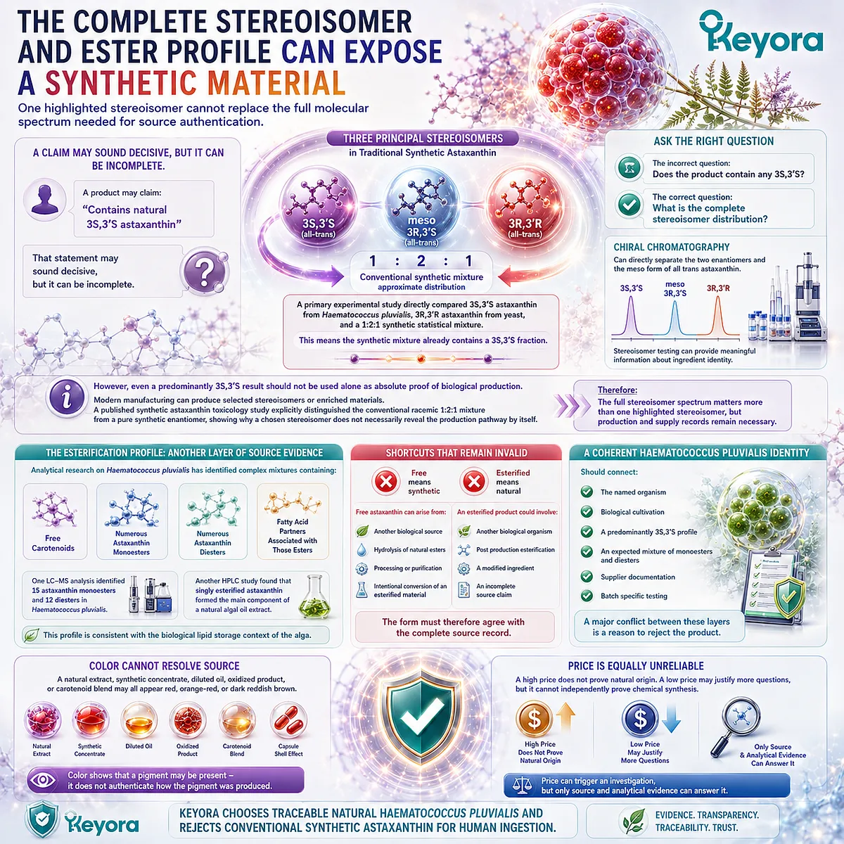 Natural astaxanthin authentication requires evaluating the complete stereoisomer distribution, esterification profile, and Haematococcus pluvialis source rather than a single 3S,3′S claim, as explained by the Keyora Astaxanthin Matrix. Natural astaxanthin authentication requires evaluating the complete stereoisomer distribution, esterification profile, and Haematococcus pluvialis source rather than a single 3S,3′S claim, as explained by the Keyora Astaxanthin Matrix.