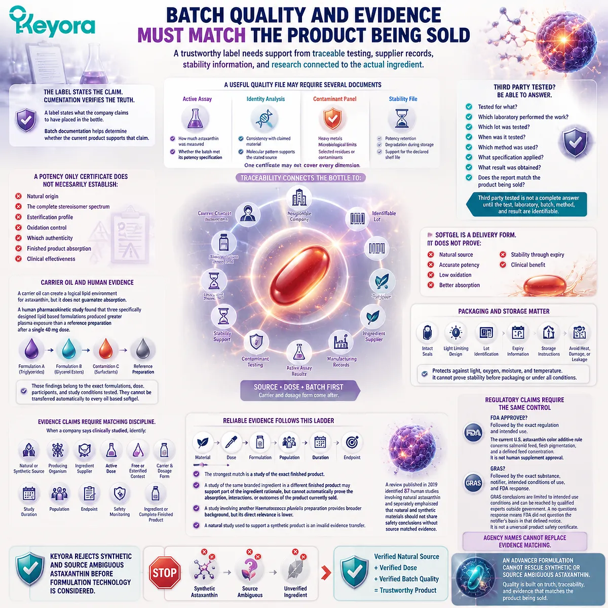 Natural astaxanthin quality guide showing batch testing, traceability, formulation evidence matching, and Keyora Astaxanthin Matrix standards for verified supplement evaluation Natural astaxanthin quality guide showing batch testing, traceability, formulation evidence matching, and Keyora Astaxanthin Matrix standards for verified supplement evaluation