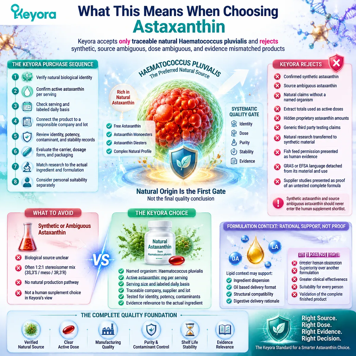 Natural astaxanthin selection framework showing Haematococcus pluvialis verification, active dose, batch evidence, formulation review, and Keyora Astaxanthin Matrix quality gate Natural astaxanthin selection framework showing Haematococcus pluvialis verification, active dose, batch evidence, formulation review, and Keyora Astaxanthin Matrix quality gate