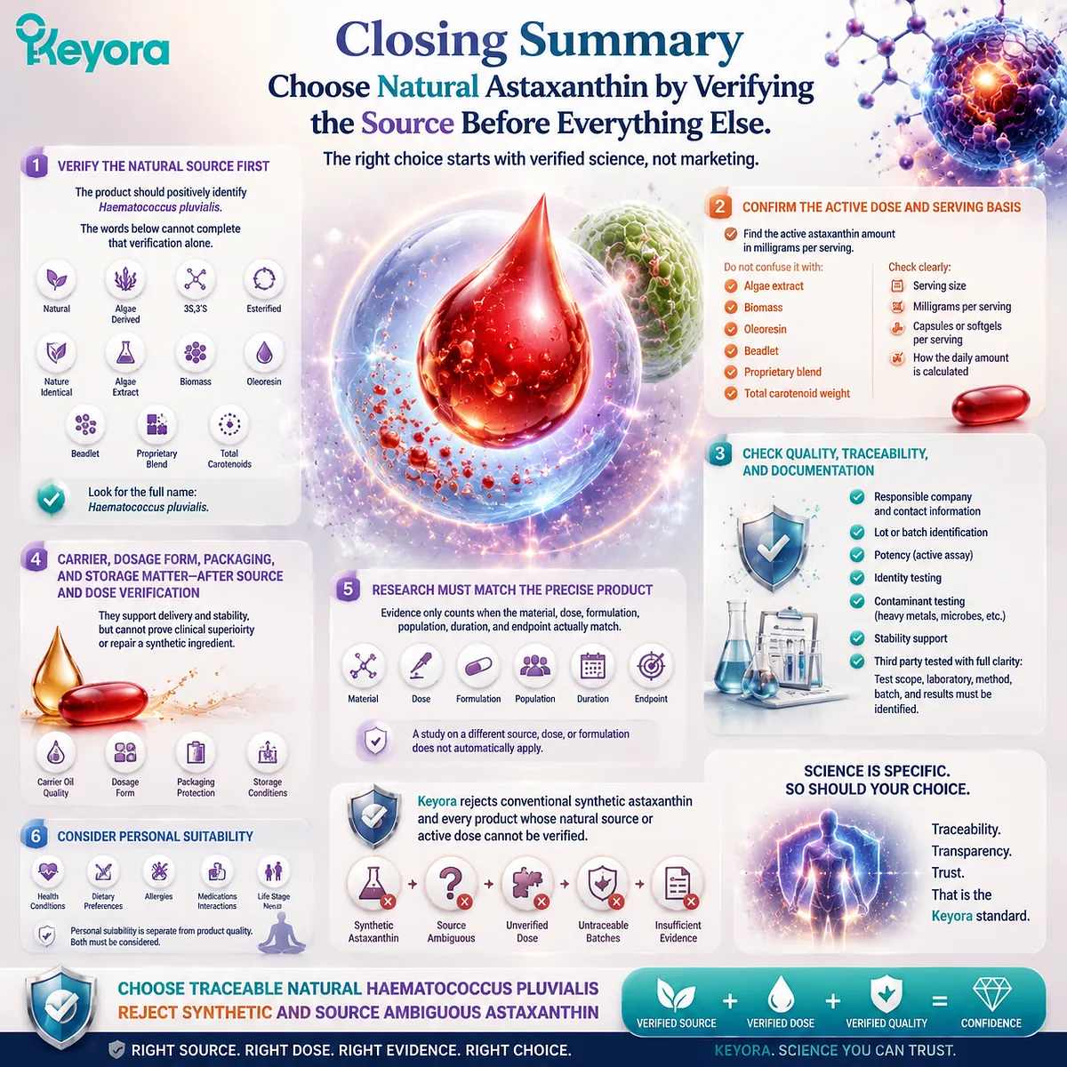 Natural astaxanthin buying guide showing Haematococcus pluvialis source verification, active dose, traceability, evidence matching, and Keyora Astaxanthin Matrix selection framework Natural astaxanthin buying guide showing Haematococcus pluvialis source verification, active dose, traceability, evidence matching, and Keyora Astaxanthin Matrix selection framework