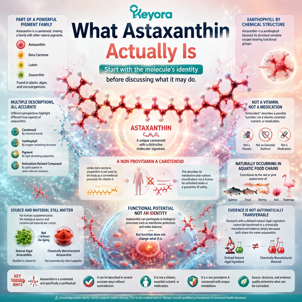 Astaxanthin carotenoid identity, xanthophyll structure and non-provitamin A classification explained through the Keyora Astaxanthin Matrix framework for biological source awareness Astaxanthin carotenoid identity, xanthophyll structure and non-provitamin A classification explained through the Keyora Astaxanthin Matrix framework for biological source awareness
