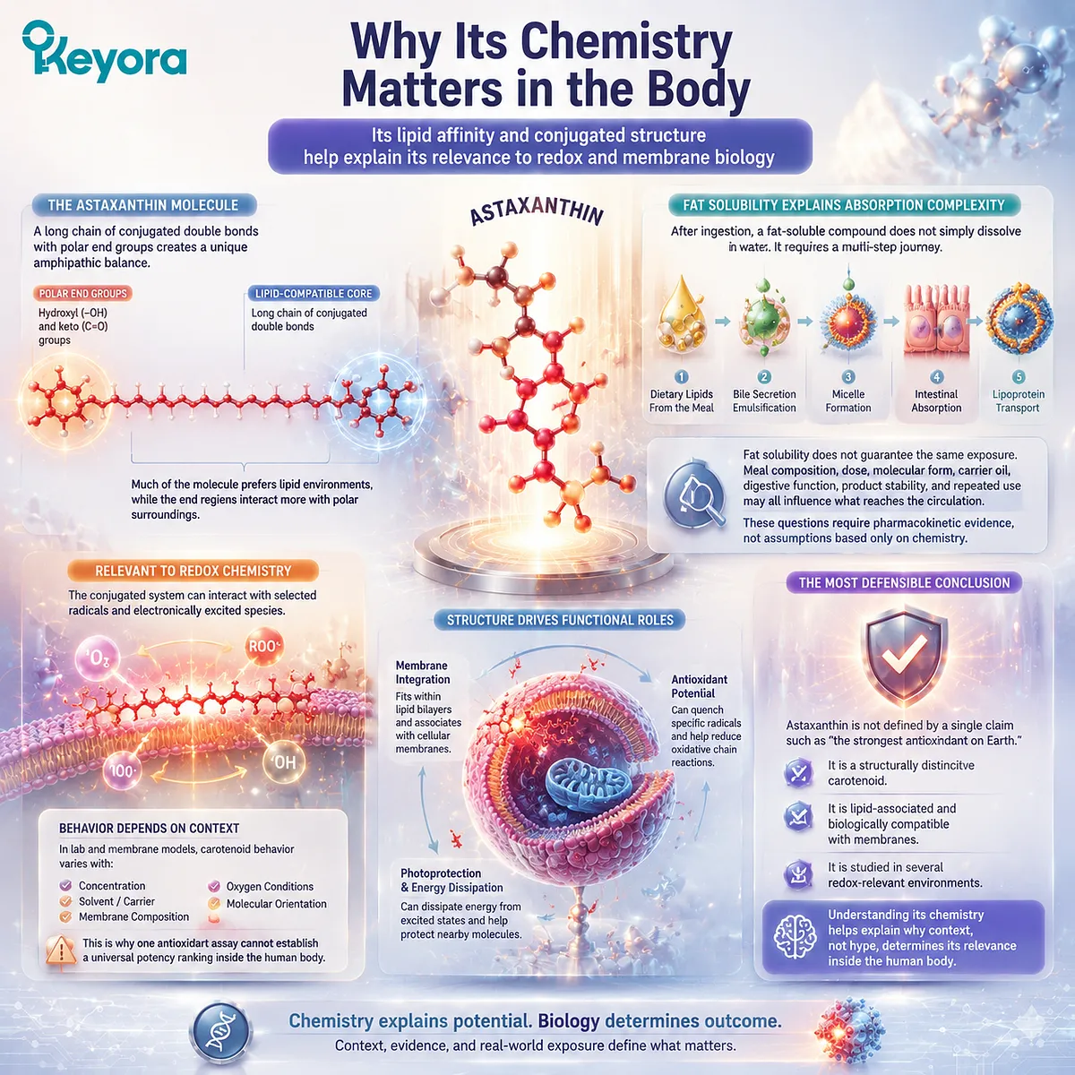 Astaxanthin lipid solubility, conjugated carotenoid structure and redox membrane interaction explained through the Keyora Astaxanthin Matrix for cellular antioxidant balance Astaxanthin lipid solubility, conjugated carotenoid structure and redox membrane interaction explained through the Keyora Astaxanthin Matrix for cellular antioxidant balance
