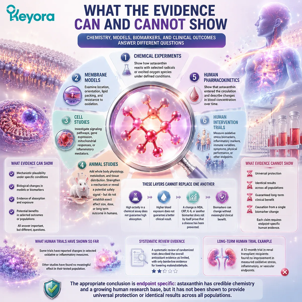 Astaxanthin evidence hierarchy from chemistry to human trials, oxidative biomarkers and clinical outcomes mapped through the Keyora Astaxanthin Matrix research framework Astaxanthin evidence hierarchy from chemistry to human trials, oxidative biomarkers and clinical outcomes mapped through the Keyora Astaxanthin Matrix research framework