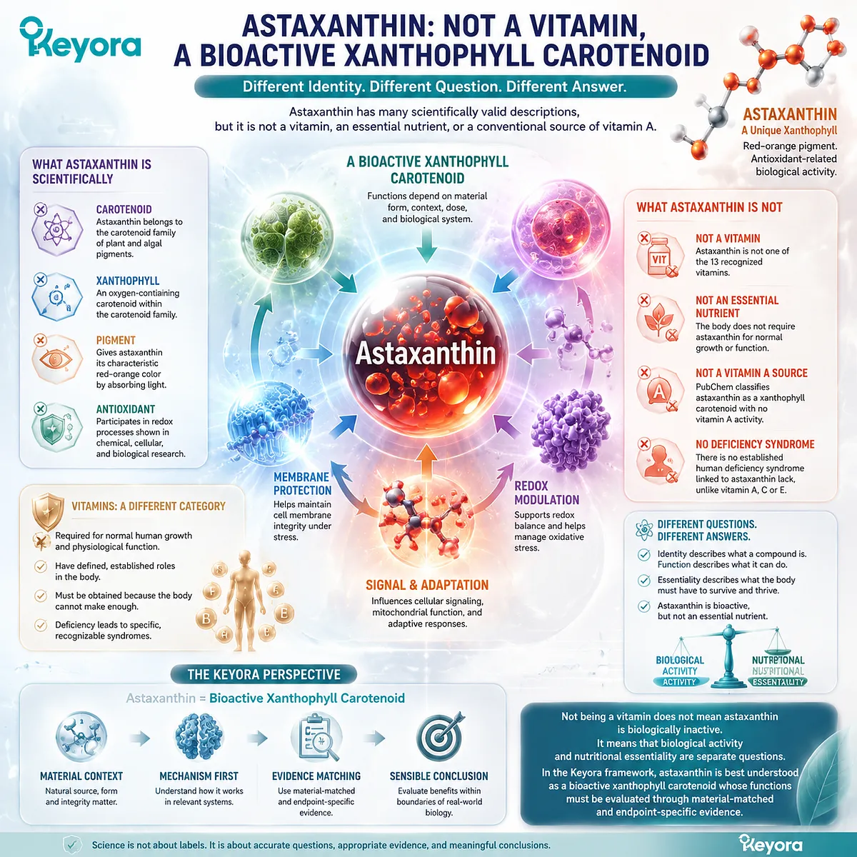 Astaxanthin carotenoid identity map showing xanthophyll structure, antioxidant activity, and distinction from vitamins through Keyora Astaxanthin Matrix evidence framework Astaxanthin carotenoid identity map showing xanthophyll structure, antioxidant activity, and distinction from vitamins through Keyora Astaxanthin Matrix evidence framework