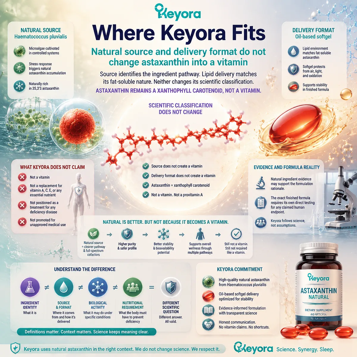 Natural astaxanthin Haematococcus pluvialis oil-based delivery map showing xanthophyll identity, fat-soluble context, and Keyora Astaxanthin Matrix formulation framework Natural astaxanthin Haematococcus pluvialis oil-based delivery map showing xanthophyll identity, fat-soluble context, and Keyora Astaxanthin Matrix formulation framework