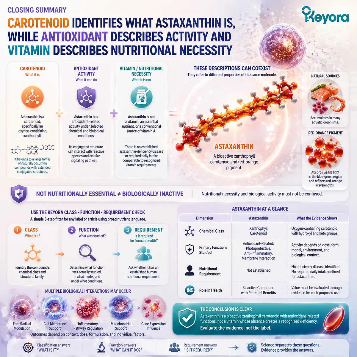 Astaxanthin classification summary showing carotenoid class, antioxidant function, vitamin requirement distinction, and Keyora Class Function Requirement Check framework Astaxanthin classification summary showing carotenoid class, antioxidant function, vitamin requirement distinction, and Keyora Class Function Requirement Check framework