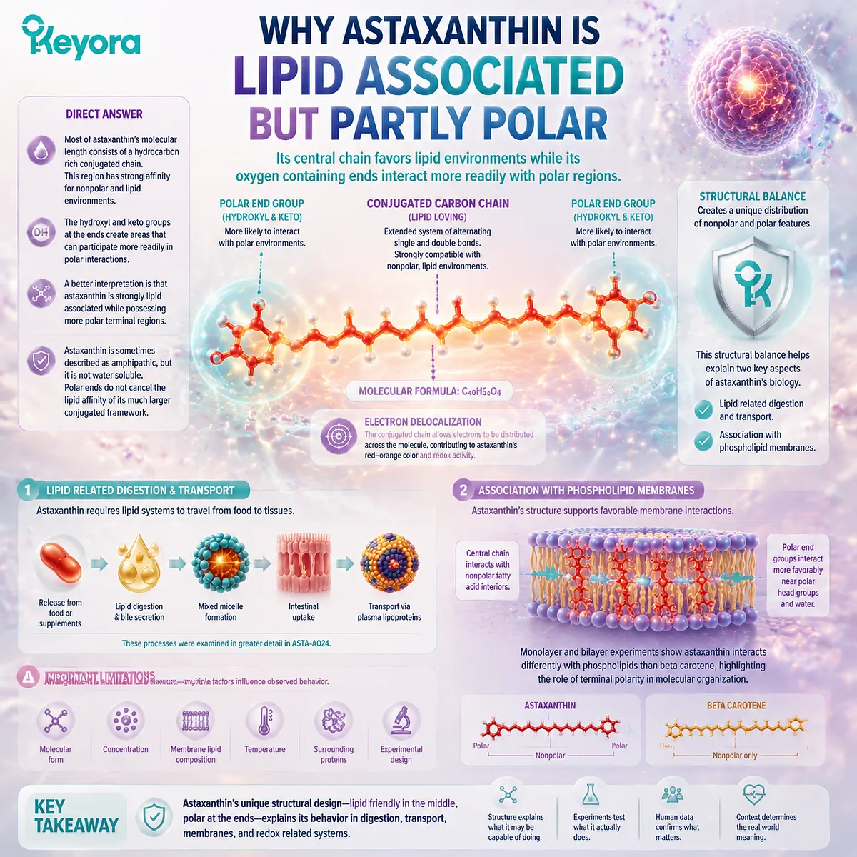 Astaxanthin lipid associated structure map showing polar oxygen ends, conjugated core, membrane interaction, and Keyora Astaxanthin Matrix framework Astaxanthin lipid associated structure map showing polar oxygen ends, conjugated core, membrane interaction, and Keyora Astaxanthin Matrix framework