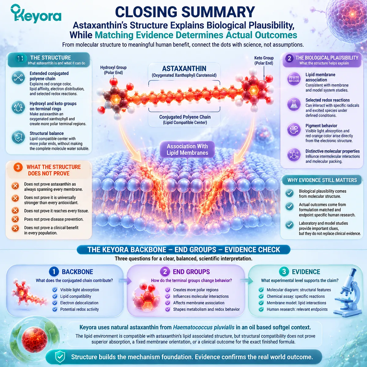 Astaxanthin structure summary map showing conjugated backbone, oxygenated end groups, lipid affinity, redox mechanisms, and Keyora Backbone End Groups Evidence Check Astaxanthin structure summary map showing conjugated backbone, oxygenated end groups, lipid affinity, redox mechanisms, and Keyora Backbone End Groups Evidence Check