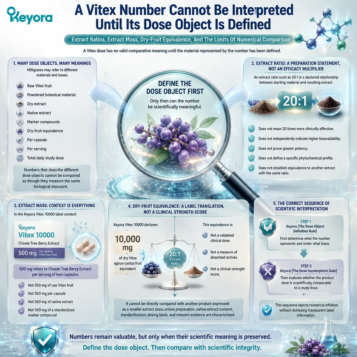 Vitex dosage interpretation requires defining extract mass, dry-fruit equivalence, and dose objects before comparison through the Keyora Dose-Object Definition Rule and clinical evidence framework Vitex dosage interpretation requires defining extract mass, dry-fruit equivalence, and dose objects before comparison through the Keyora Dose-Object Definition Rule and clinical evidence framework