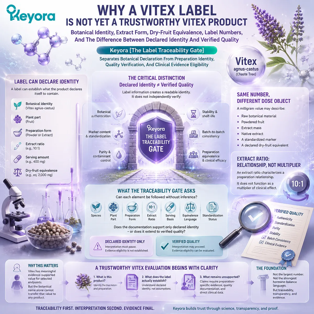 Vitex supplement label traceability maps botanical identity, extract form, dry-fruit equivalence and preparation evidence through Keyora Label Traceability Gate for quality assessment Vitex supplement label traceability maps botanical identity, extract form, dry-fruit equivalence and preparation evidence through Keyora Label Traceability Gate for quality assessment