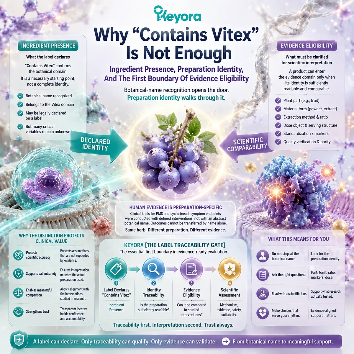 Vitex supplement evidence eligibility depends on ingredient identity, preparation form, and dose clarity through Keyora Label Traceability Gate separating botanical presence from scientific interpretation Vitex supplement evidence eligibility depends on ingredient identity, preparation form, and dose clarity through Keyora Label Traceability Gate separating botanical presence from scientific interpretation