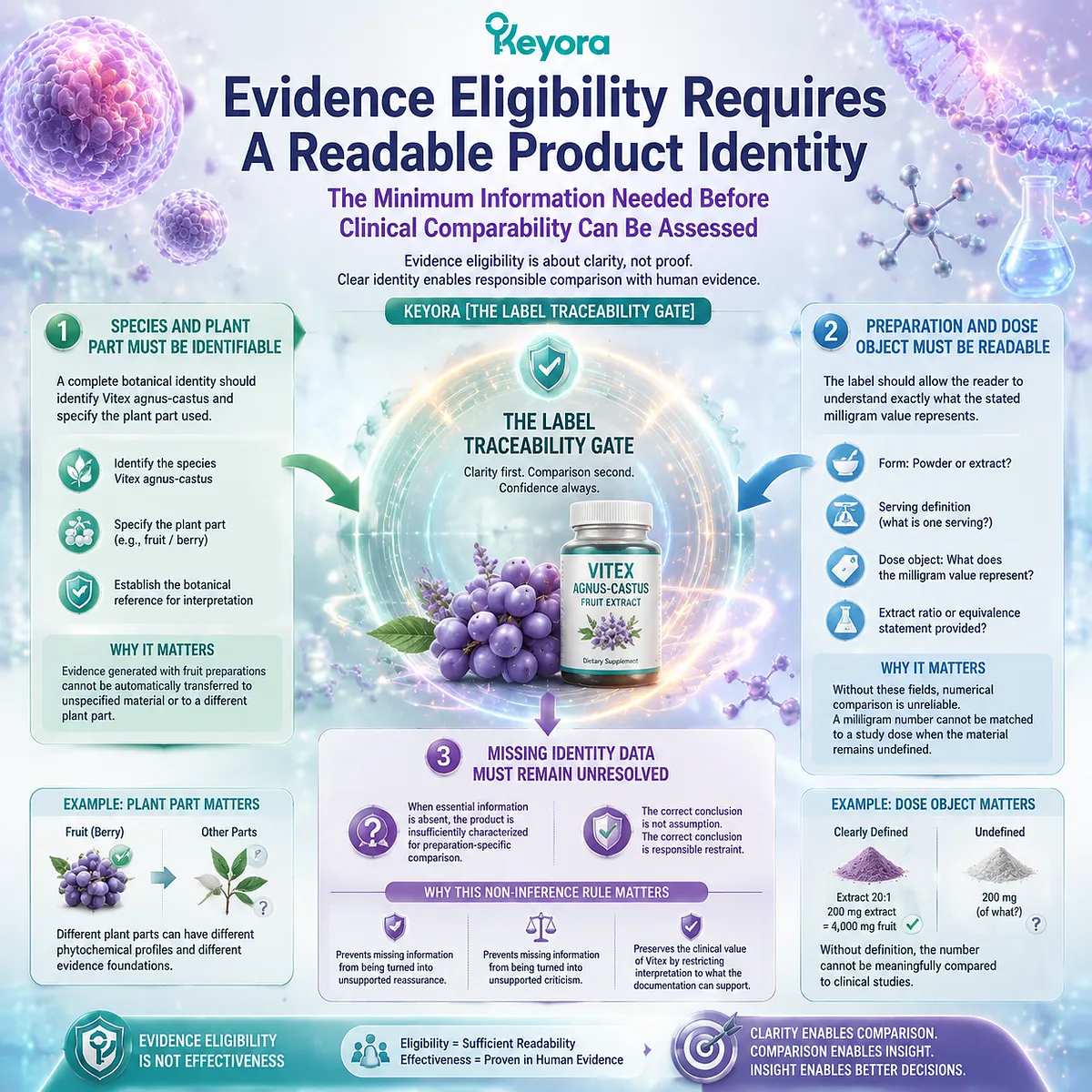 Vitex supplement evidence eligibility depends on species, plant part, extract form, and dose clarity, structured by Keyora Label Traceability Gate for responsible clinical comparison Vitex supplement evidence eligibility depends on species, plant part, extract form, and dose clarity, structured by Keyora Label Traceability Gate for responsible clinical comparison