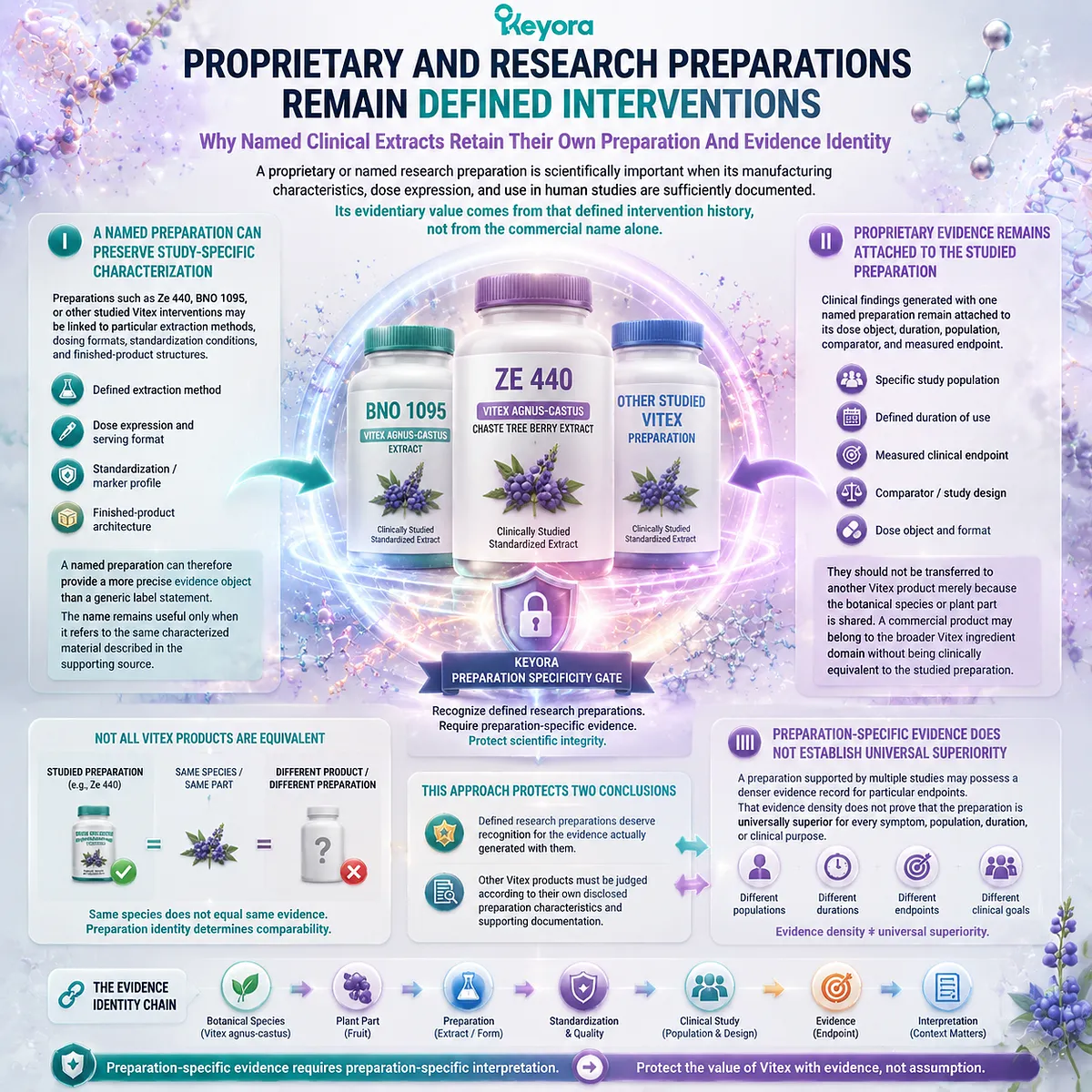 Vitex research preparations require defined extract identity, dose, and clinical context, with Keyora Preparation Specificity Gate separating studied interventions from general products Vitex research preparations require defined extract identity, dose, and clinical context, with Keyora Preparation Specificity Gate separating studied interventions from general products