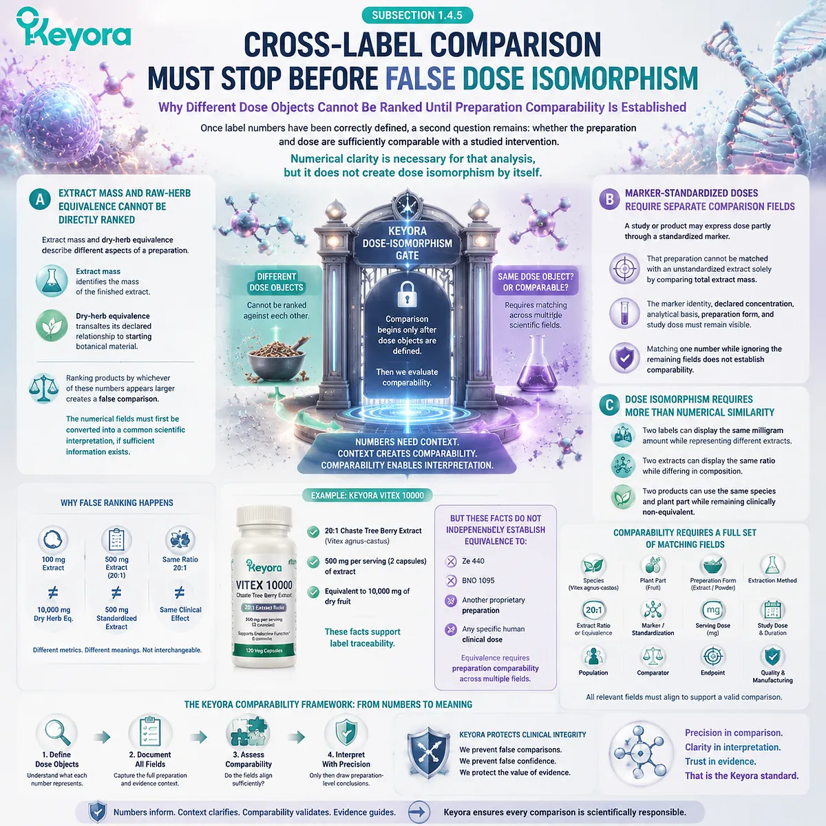 Vitex supplement dose comparison requires preparation comparability beyond milligrams and ratios, guided by Keyora Dose-Isomorphism Gate for evidence alignment Vitex supplement dose comparison requires preparation comparability beyond milligrams and ratios, guided by Keyora Dose-Isomorphism Gate for evidence alignment