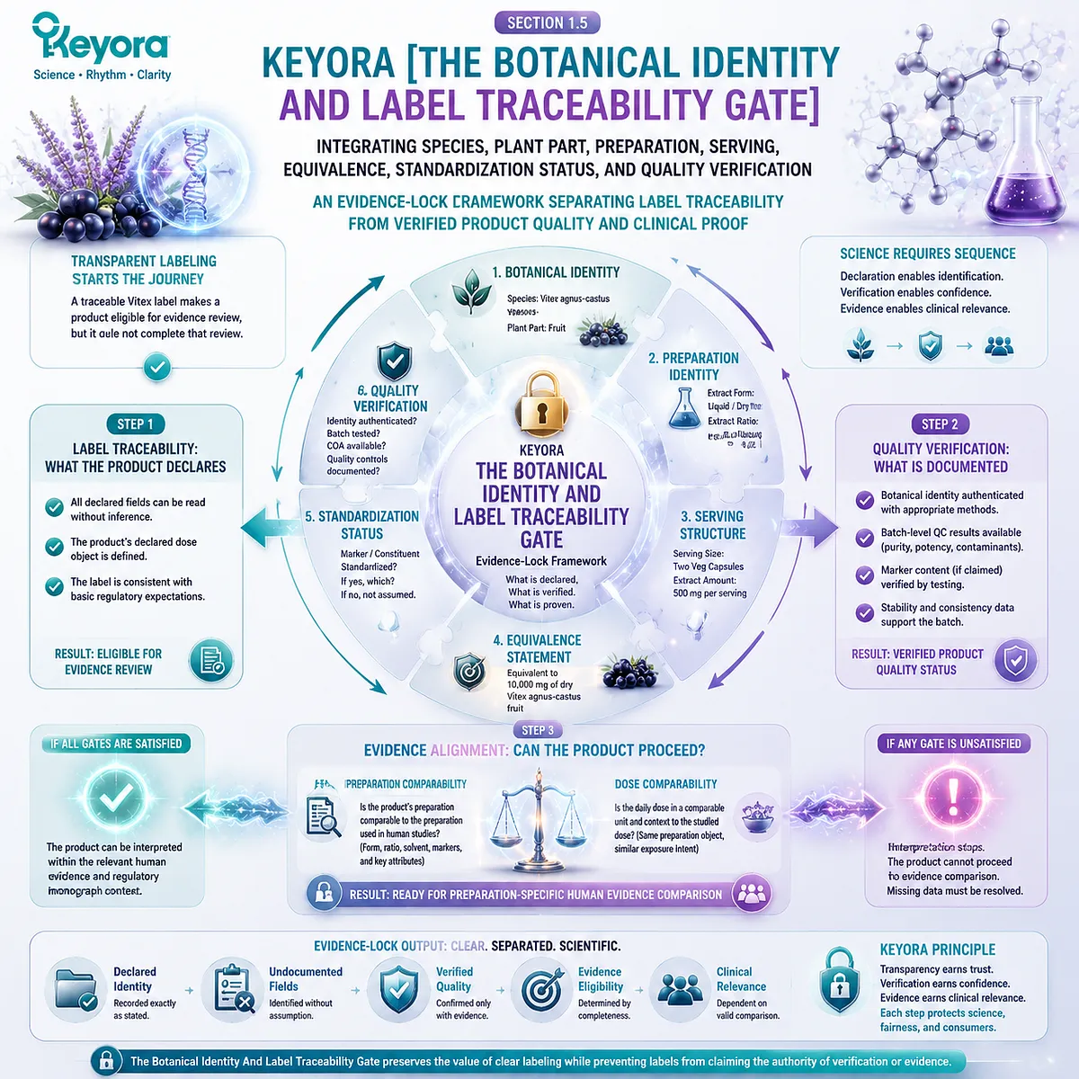 Vitex supplement label traceability integrates species, plant part, extract form, serving dose, and quality verification through Keyora Botanical Identity And Label Traceability Gate Vitex supplement label traceability integrates species, plant part, extract form, serving dose, and quality verification through Keyora Botanical Identity And Label Traceability Gate