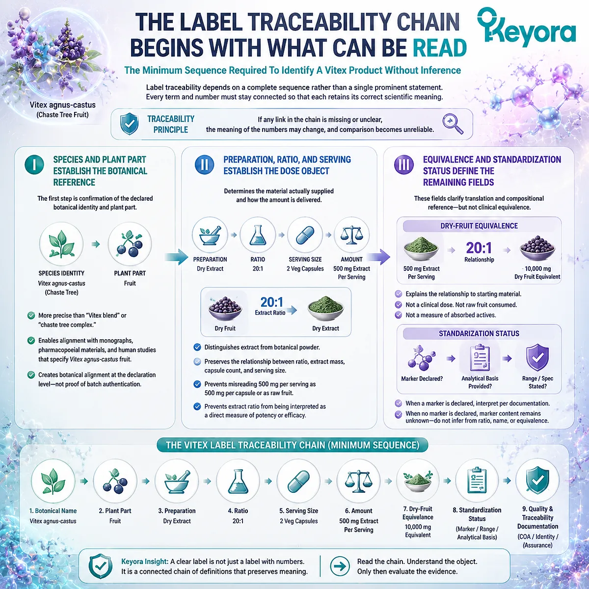 Vitex supplement label traceability chain links species, plant part, extract ratio, serving dose, and standardization through Keyora Botanical Identity And Label Traceability Gate Vitex supplement label traceability chain links species, plant part, extract ratio, serving dose, and standardization through Keyora Botanical Identity And Label Traceability Gate