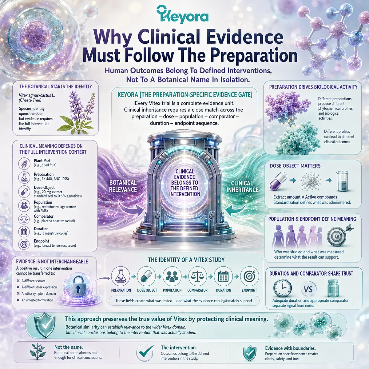 Vitex clinical evidence follows the tested preparation, dose, population, comparator, duration, and endpoint rather than the botanical name alone, helping interpret human outcomes through the Keyora Preparation-Specific Evidence Gate. Vitex clinical evidence follows the tested preparation, dose, population, comparator, duration, and endpoint rather than the botanical name alone, helping interpret human outcomes through the Keyora Preparation-Specific Evidence Gate.
