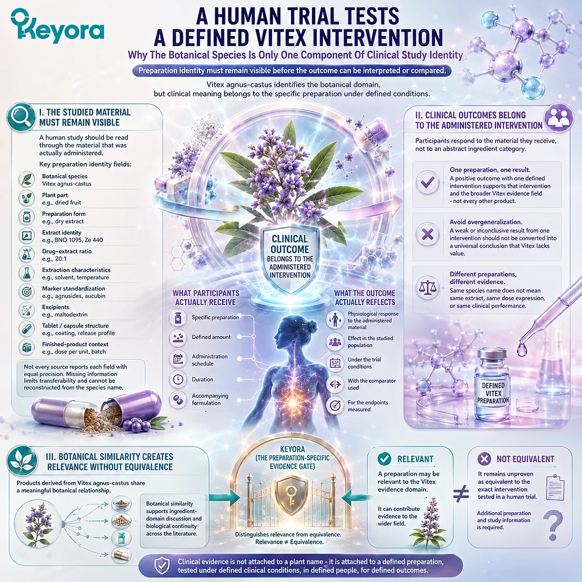 Vitex human trials evaluate defined preparations rather than the botanical name alone, linking preparation identity, extract characteristics, dose, and study design to evidence interpretation through the Keyora Preparation-Specific Evidence Gate. Vitex human trials evaluate defined preparations rather than the botanical name alone, linking preparation identity, extract characteristics, dose, and study design to evidence interpretation through the Keyora Preparation-Specific Evidence Gate.