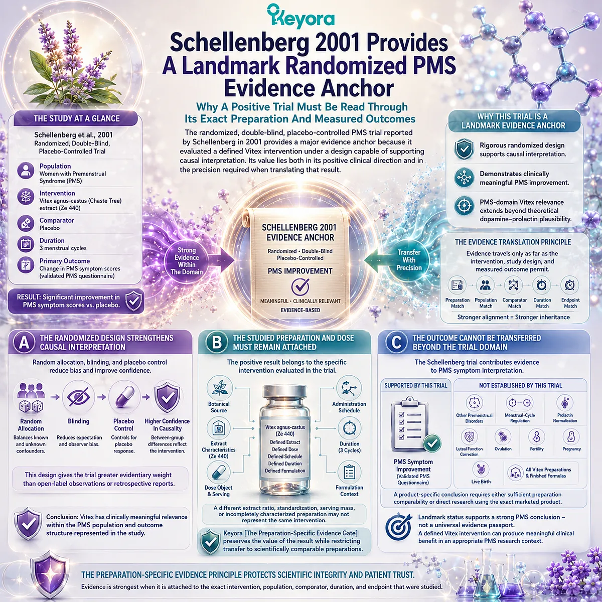 Vitex PMS evidence from Schellenberg 2001 shows randomized clinical support for a defined preparation, dose, and symptom outcome, interpreted through the Keyora Preparation-Specific Evidence Gate. Vitex PMS evidence from Schellenberg 2001 shows randomized clinical support for a defined preparation, dose, and symptom outcome, interpreted through the Keyora Preparation-Specific Evidence Gate.