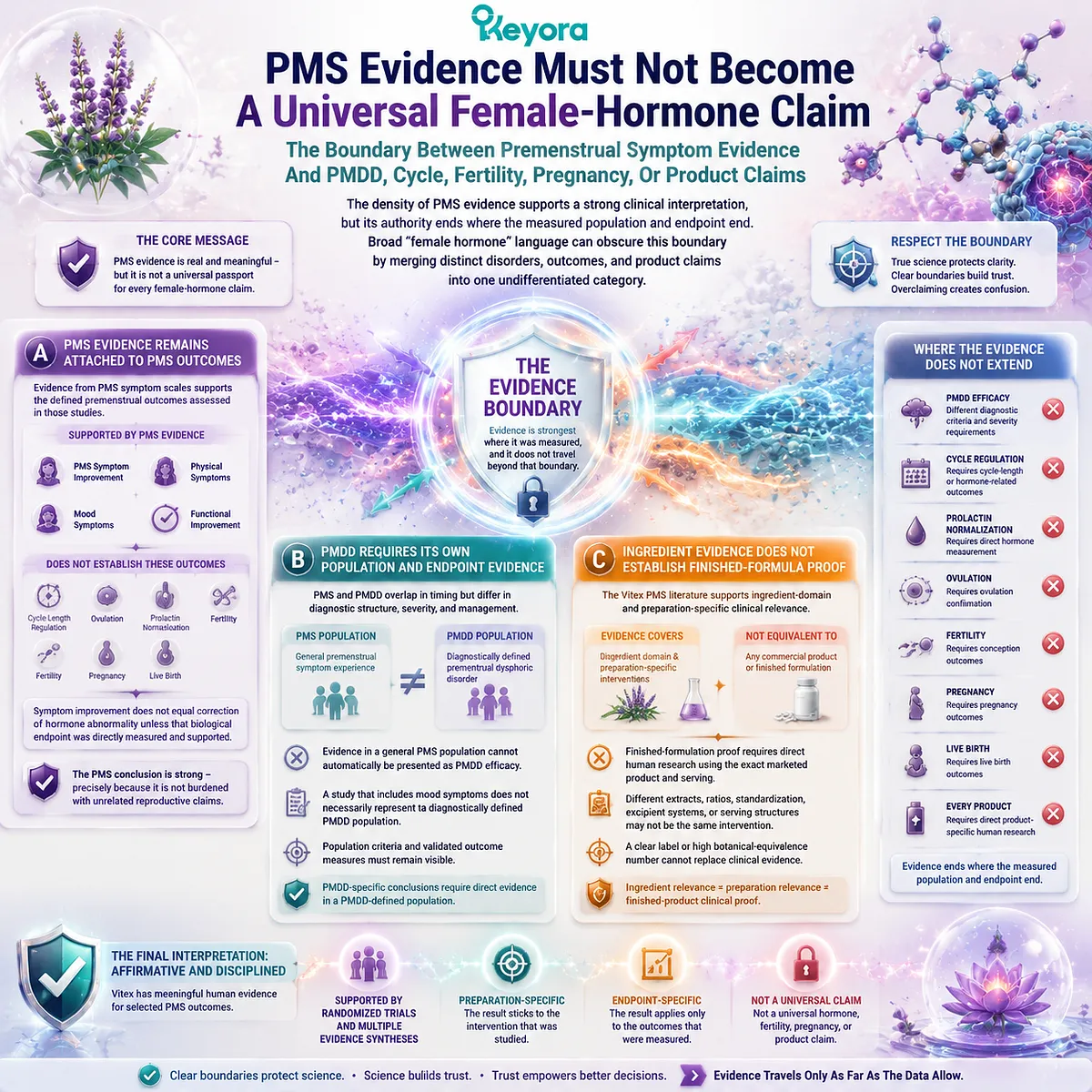Vitex PMS evidence supports selected premenstrual symptom outcomes but does not equal universal hormone, fertility, or pregnancy claims, guided by the Keyora Human Endpoint Evidence Map. Vitex PMS evidence supports selected premenstrual symptom outcomes but does not equal universal hormone, fertility, or pregnancy claims, guided by the Keyora Human Endpoint Evidence Map.