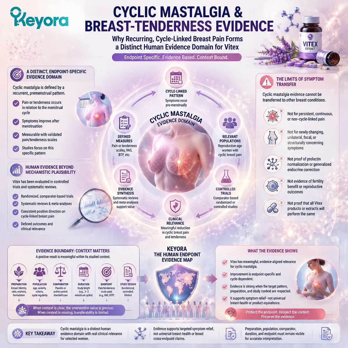 Vitex cyclic mastalgia evidence maps recurring breast tenderness outcomes through preparation, population, comparator, duration, and symptom measures using the Keyora Human Endpoint Evidence Map. Vitex cyclic mastalgia evidence maps recurring breast tenderness outcomes through preparation, population, comparator, duration, and symptom measures using the Keyora Human Endpoint Evidence Map.