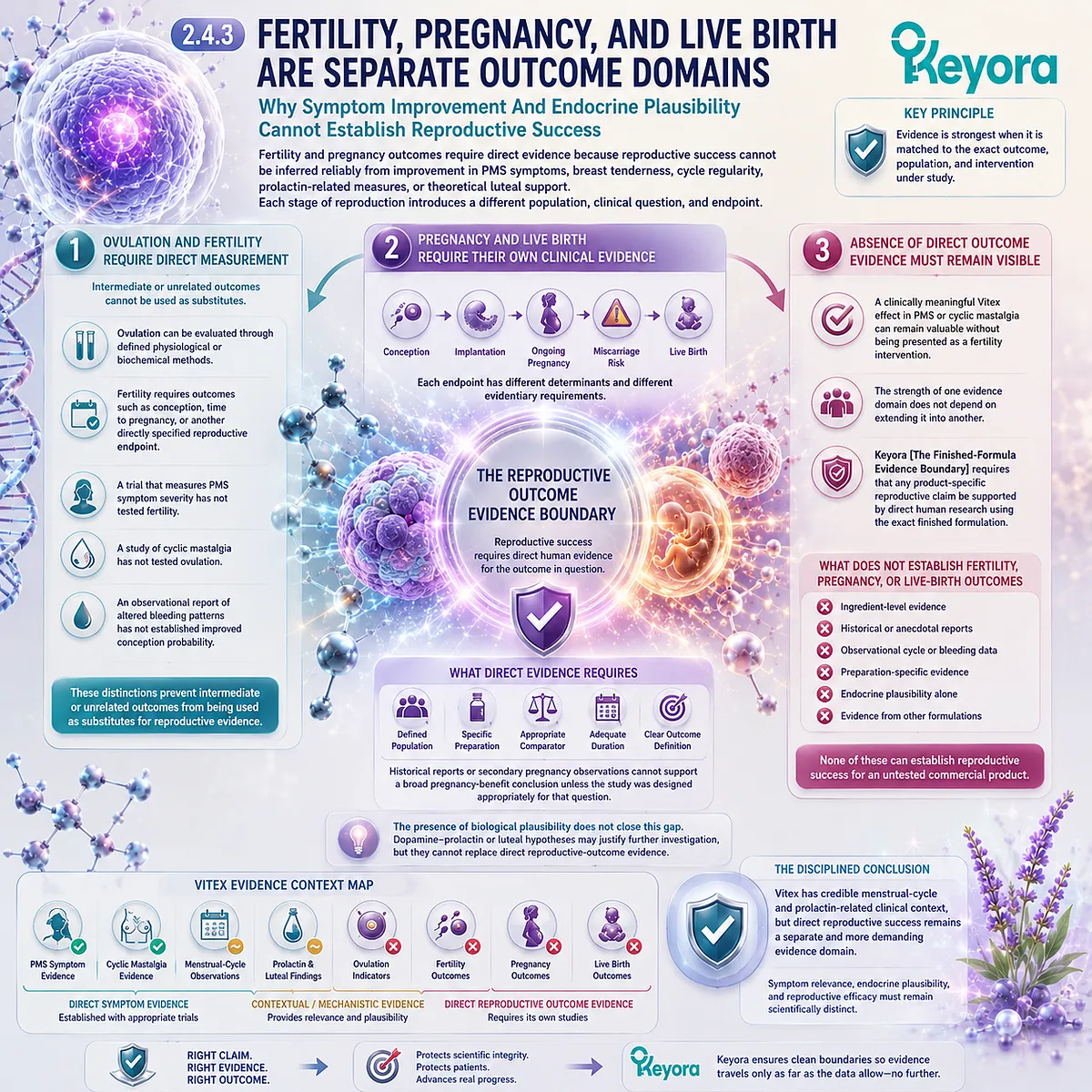 Vitex fertility, pregnancy, and live birth evidence requires direct reproductive endpoints beyond PMS, menstrual cycle, or prolactin findings, as defined by the Keyora Finished-Formula Evidence Boundary. Vitex fertility, pregnancy, and live birth evidence requires direct reproductive endpoints beyond PMS, menstrual cycle, or prolactin findings, as defined by the Keyora Finished-Formula Evidence Boundary.