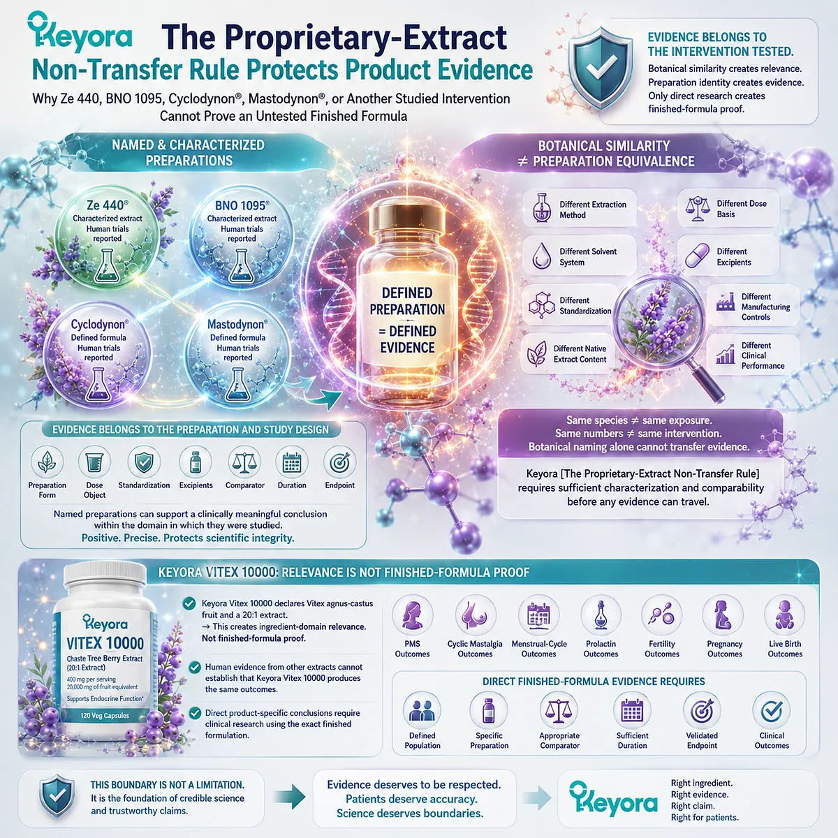 Vitex proprietary extract evidence remains linked to named preparations such as Ze 440, BNO 1095, Cyclodynon, and Mastodynon, with the Keyora Proprietary-Extract Non-Transfer Rule separating ingredient relevance from finished-formula evidence. Vitex proprietary extract evidence remains linked to named preparations such as Ze 440, BNO 1095, Cyclodynon, and Mastodynon, with the Keyora Proprietary-Extract Non-Transfer Rule separating ingredient relevance from finished-formula evidence.