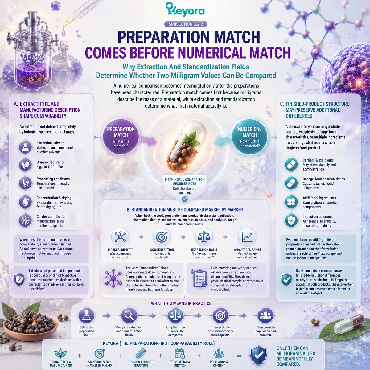 Vitex extract comparison requires preparation type, solvent, standardization markers, and formulation identity through the Keyora Dose-Isomorphism Gate for evidence accuracy Vitex extract comparison requires preparation type, solvent, standardization markers, and formulation identity through the Keyora Dose-Isomorphism Gate for evidence accuracy