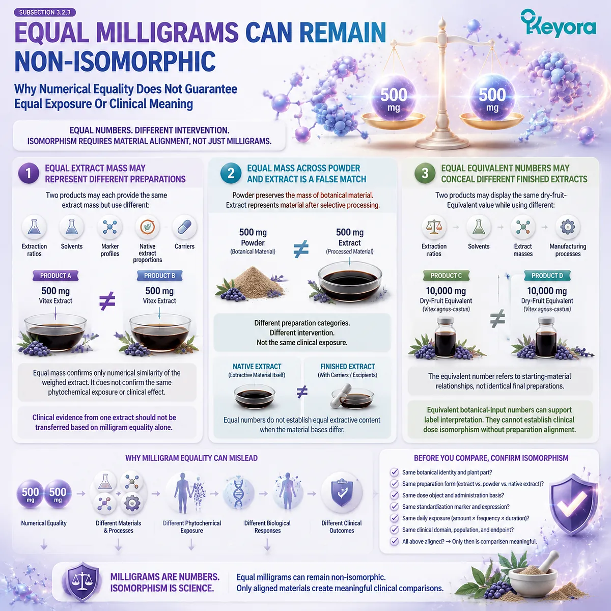 Vitex dose comparison shows why equal milligrams may not equal exposure, requiring extract identity and preparation alignment through the Keyora Dose-Isomorphism Gate Vitex dose comparison shows why equal milligrams may not equal exposure, requiring extract identity and preparation alignment through the Keyora Dose-Isomorphism Gate