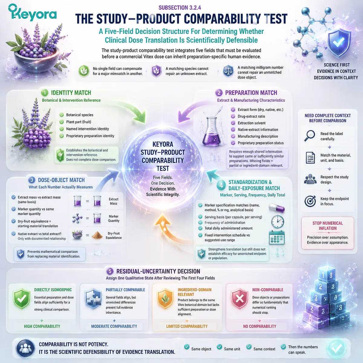 Vitex study-product comparison uses identity, preparation, dose-object, standardization, and exposure fields through the Keyora Dose-Isomorphism Gate Vitex study-product comparison uses identity, preparation, dose-object, standardization, and exposure fields through the Keyora Dose-Isomorphism Gate