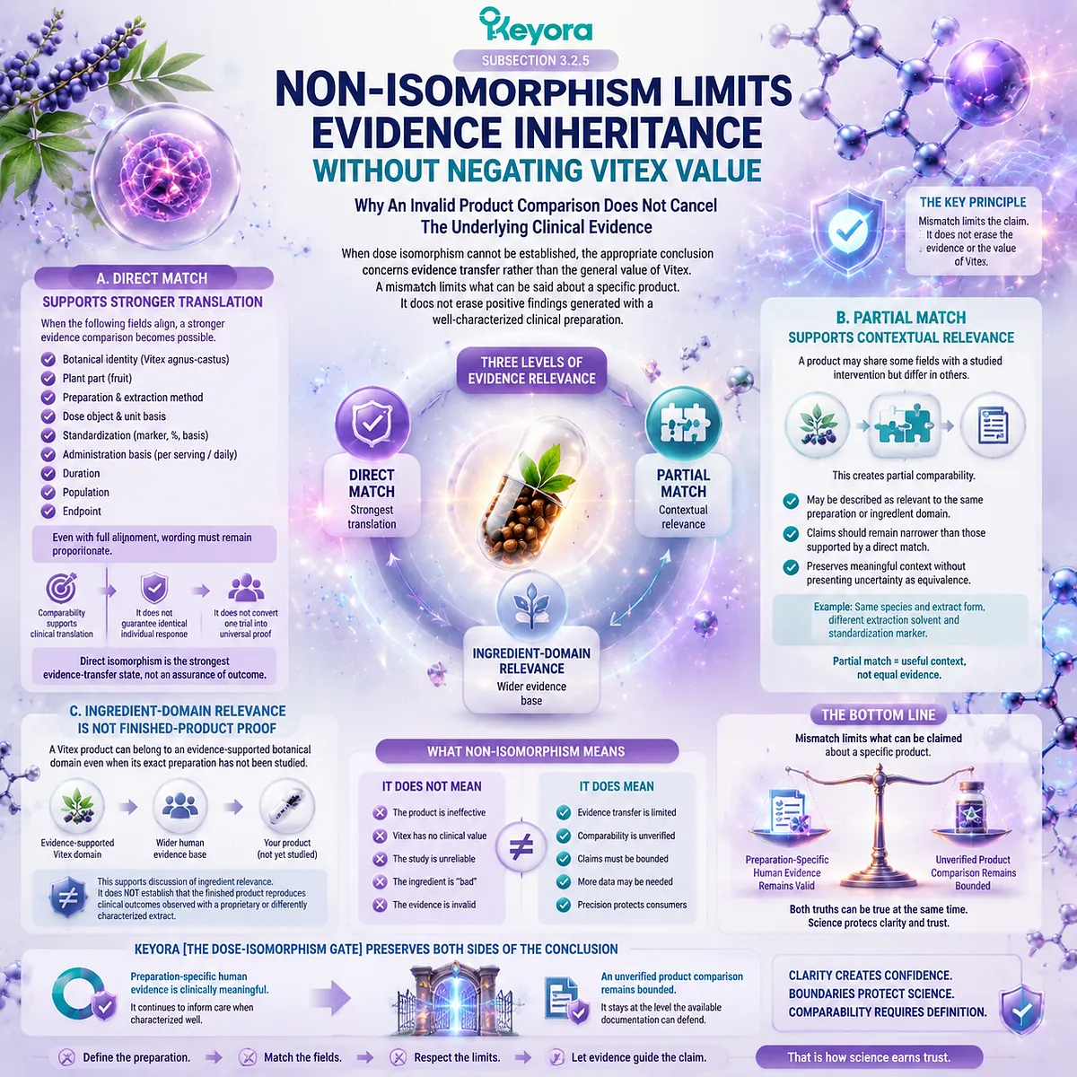 Vitex evidence translation depends on dose isomorphism, distinguishing direct match, partial relevance, and product uncertainty through the Keyora Dose-Isomorphism Gate Vitex evidence translation depends on dose isomorphism, distinguishing direct match, partial relevance, and product uncertainty through the Keyora Dose-Isomorphism Gate