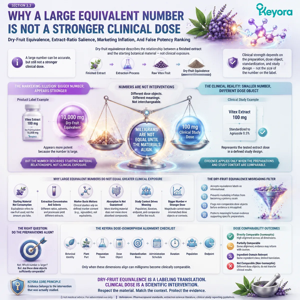 Vitex dry-fruit equivalence does not define clinical strength; the Keyora Dry-Fruit Equivalence Misreading Filter separates label numbers from true dose exposure Vitex dry-fruit equivalence does not define clinical strength; the Keyora Dry-Fruit Equivalence Misreading Filter separates label numbers from true dose exposure
